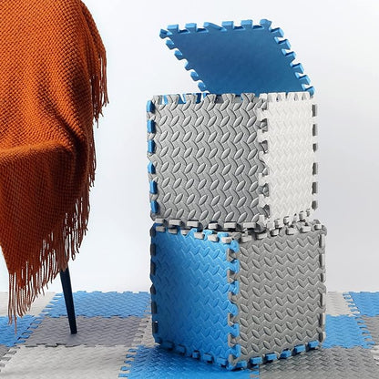 Shihanee Foam Floor Baby Tiles Foam Floor Mats Play Mats Bulk with Borders Interlocking for Kids Baby Playroom Nursery Gym (White, Gray, Blue,64ft)