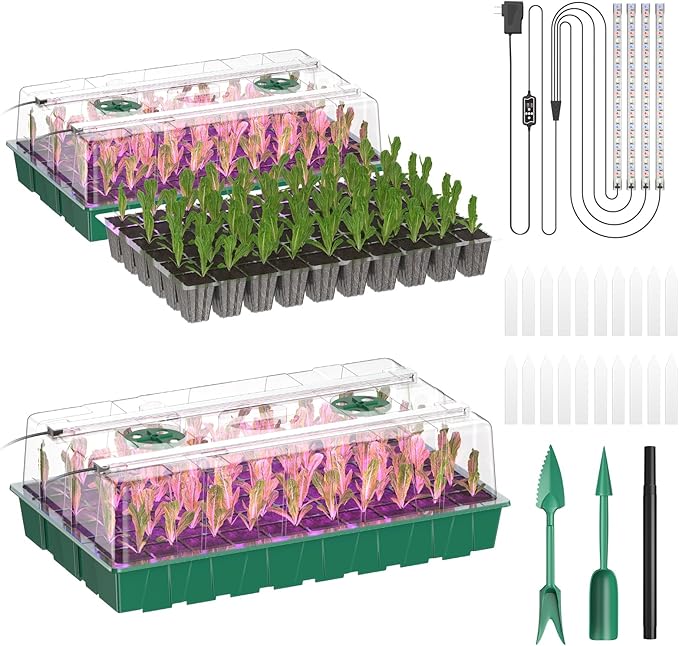 Seed Starter Tray, 120-Cell Seed Starter Kit with Grow Light, 2 Pack Reusable Seeding Starter Trays with Air Vent Humidity Domes for Greenhouse Gardening Indoor Planting Growing (Green Base)