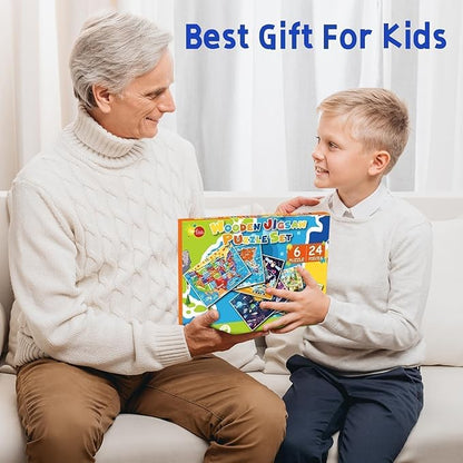 Christmas Wooden Puzzles for Toddlers 3-5,6 Packs 24Pcs Jigsaw Wooden Solar System Puzzles for Ages 4-8,Preschool Educational Brain Toys Gifts for Boys and Girls 2 4 3 5 Year Old（World Map）