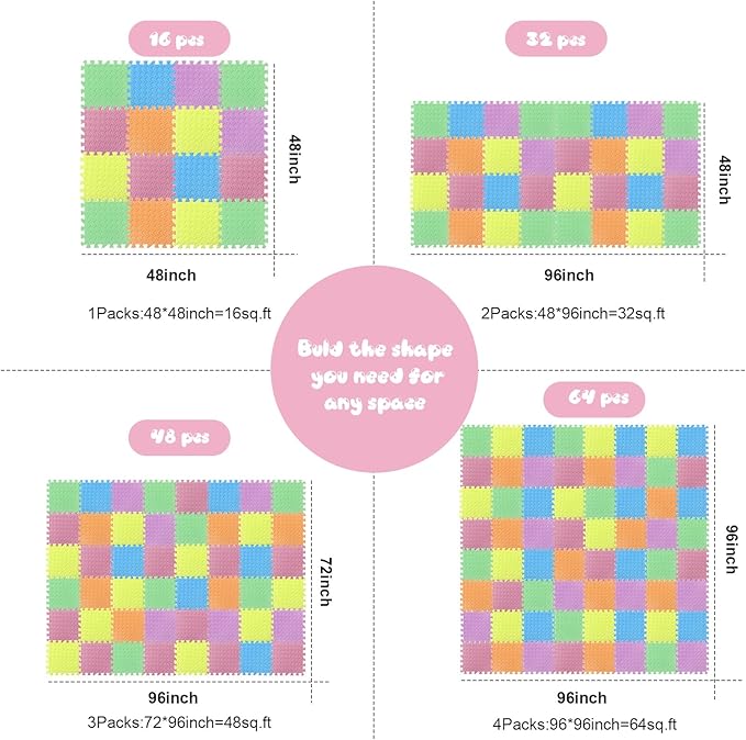 Shihanee Foam Floor Baby Tiles Foam Floor Mats Play Mats Bulk with Borders Interlocking for Kids Baby Playroom Nursery Gym (Colorful,64ft)