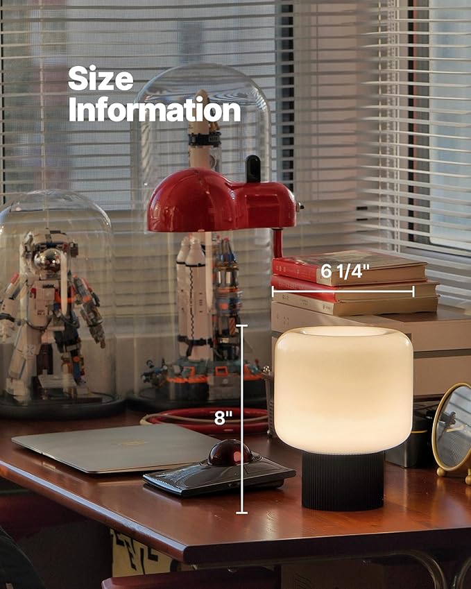 Halo Mushroom Lamp, 5W Cute Cordless Rechargeable Table Lamp with Glass Shade, 3 Color Temps LED Dimmable Ambient Lighting, Small Retro Touch Bedside Light for Bedroom Decor, Black