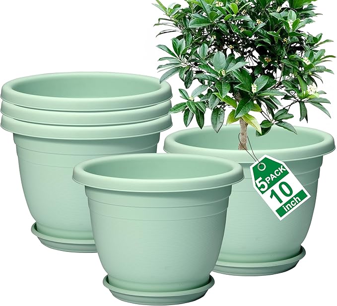 5 Packs 10 inch Plant Pots + Saucer, Planters for Indoor & Outdoor Plants with Drainage Holes | Plastic Flower Pots, Large Planter (Light Green, 10 inch)