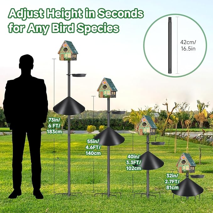 Smart Bird Feeder Pole with Squirrel Baffle & Bath-Heavy Duty Adjustable 3-6.6ft Universal Stand Mount for Backyard&Outdoor Bird Houses/Cameras (80'Pole-Baffle-Bath)