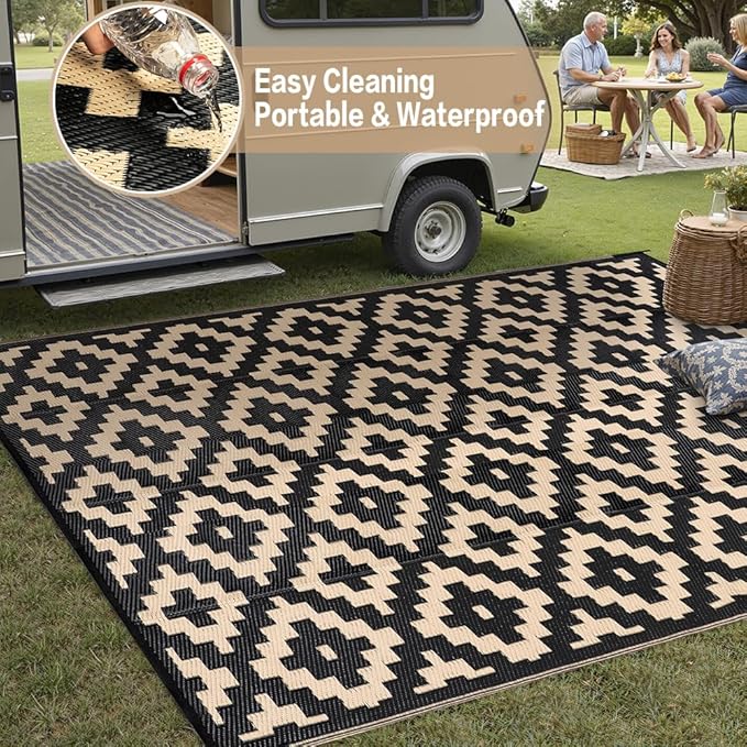Outdoor Plastic Straw Rug, Waterproof Mat, Washable Large Floor Mat and Rug for Outdoors, RV, Beach, Patio, Camping, Backyard, Deck, Picnic, Indoor Outside (6x9ft,Geometry/Black&Beige)