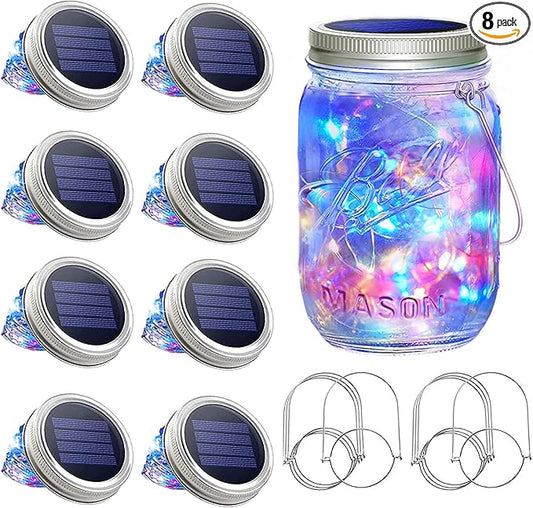 SunKite Solar Mason Jar Lights [Updated], 8 Pack 20 LED Waterproof Fairy Firefly Jar Lids String Lights with Hangers(NO Jars), Patio Yard Garden Wedding Decoration(Multi-Colored)