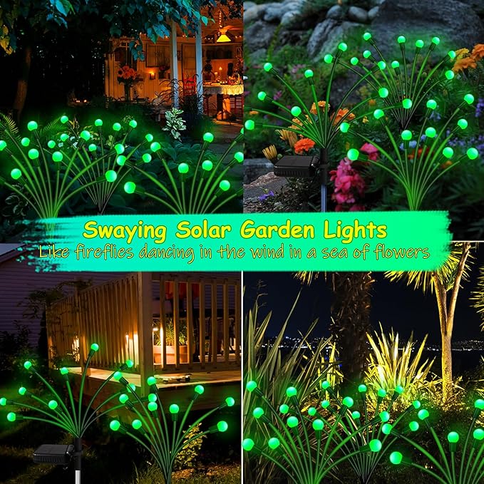 Kohlrabi Solar Garden Lights Outdoor, 4 Pack 40 LED Green Firefly Lights Waterproof, Starburst Solar Wind Swaying Light for Outside Yard Patio Planter Flower Bed Walkway Christmas Decoration