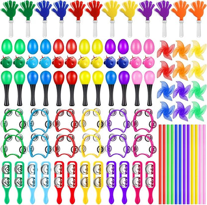 96 Pcs Musical Instruments Learning Percussion Toy Include 12 Egg Shakers 12 Sand Hammers 12 Hand Clappers 12 Rhythm Sticks 12 Hand Bells 12 Handheld Cymbals 12 Dance Scarves 12 Finger Castanets