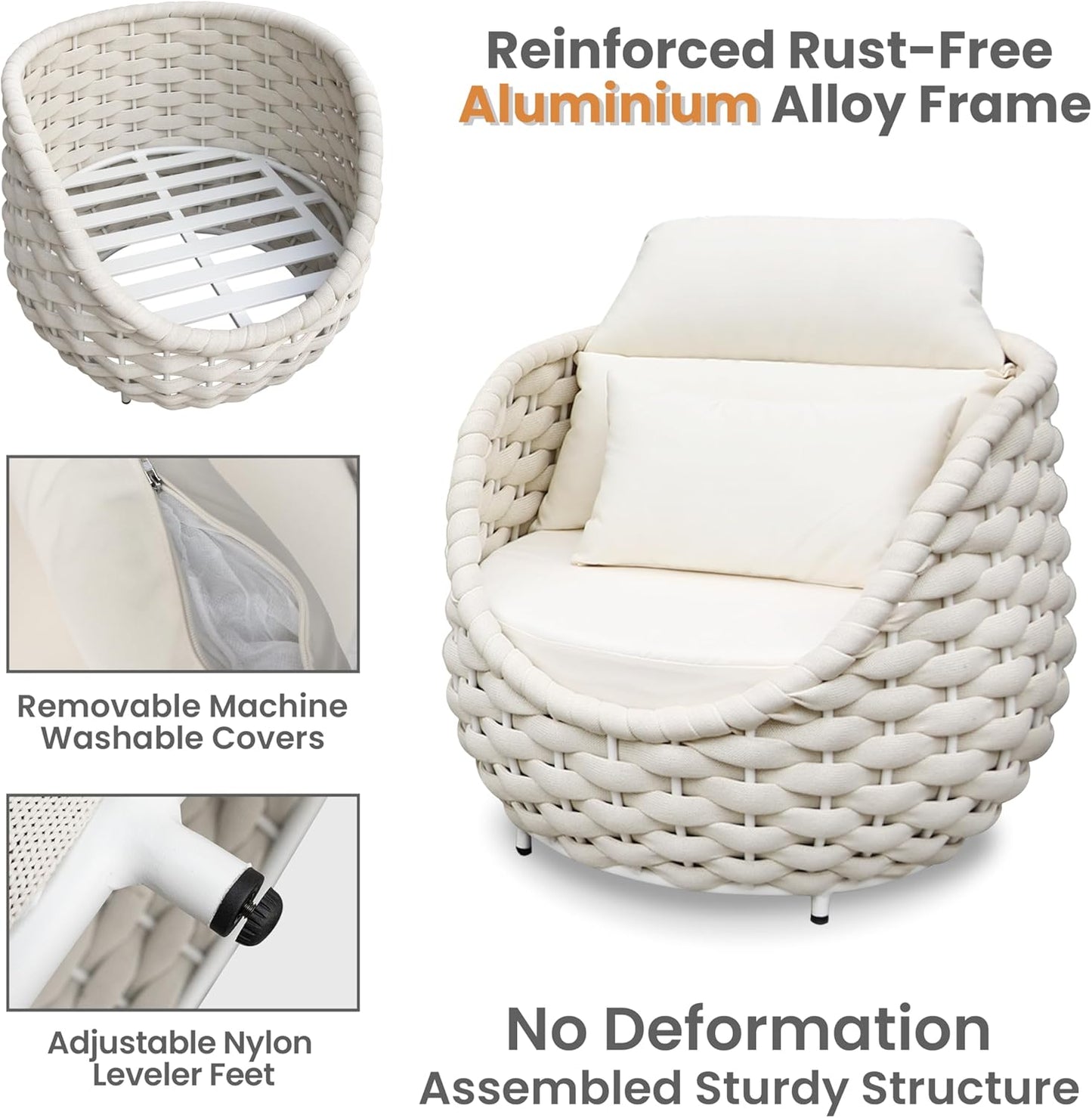 Metal Backyard Furniture Set: Aluminum Assembled Front Porch 4 Pieces Outdoor Set - Woven Rope Patio Conversation Set Modern - Cushioned Deck Couch Set Garden Sunroom Pool Hotel Resort, Beige