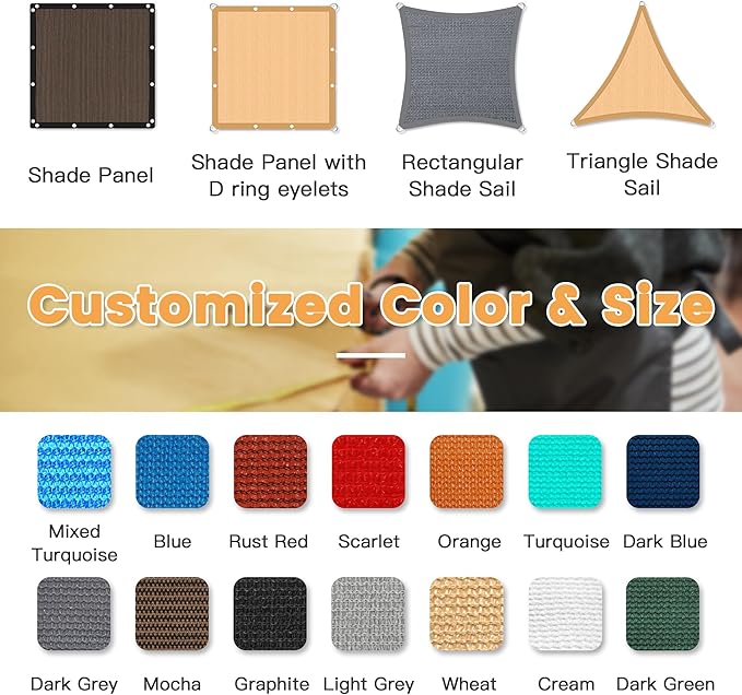 VICLLAX Shade Fabric Sun Shade Cloth with Every 2 FT Grommets for Patio Garden Pergola Cover Canopy 17x22 FT, Mixed Turquoise