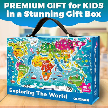 QUOKKA Giant Floor Puzzle for Kids Ages 4-6 – 2x3 Feet Extra-Thick 48 Pieces Toddler Puzzle Ages 3-5 – World Map Educational Activity for Boys Girls – Premium Box with Sturdy Handle & Magnetic Closure
