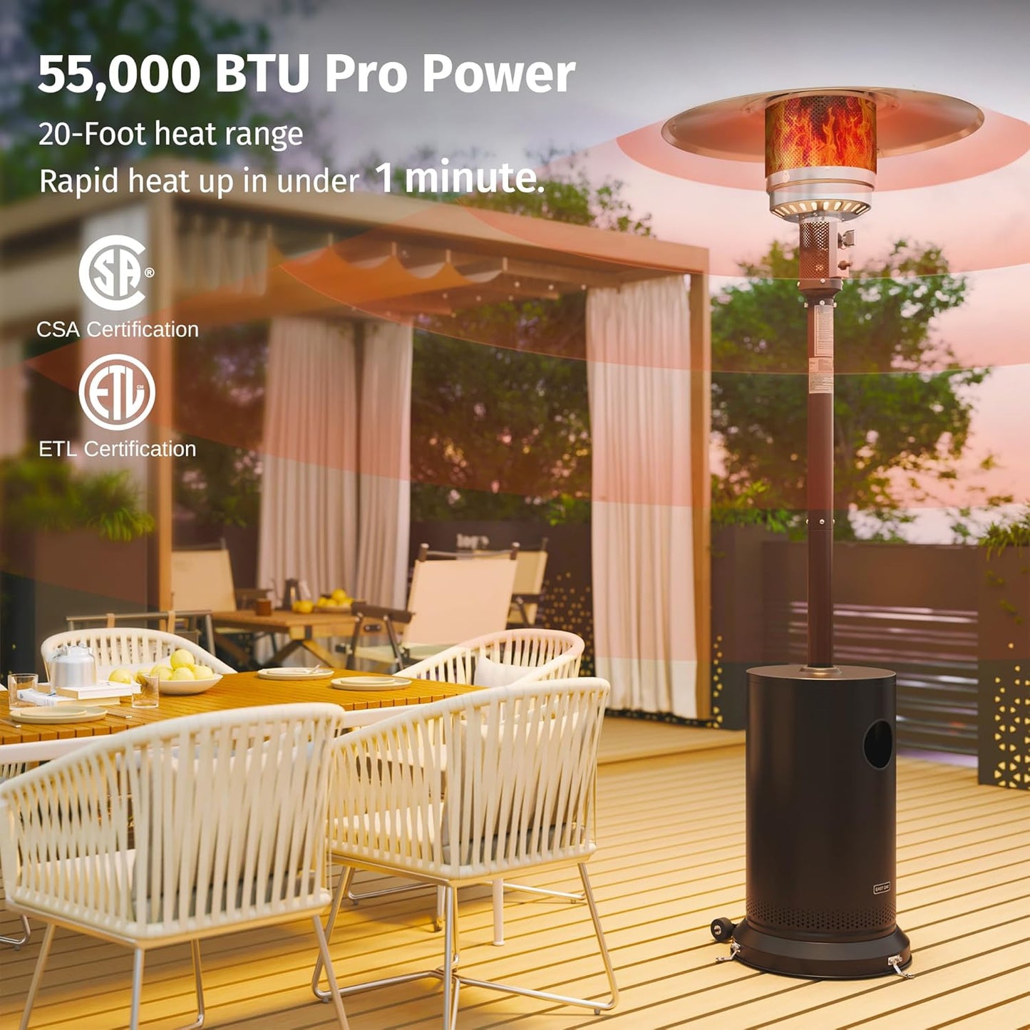 EAST OAK 55,000 BTU Propane Patio Heater with Round Table & Stainless Steel Burner, Outdoor Heater with Wheels, Ideal For Large Patios, Gardens, Outdoor Events, and Commercial Use, Bronze