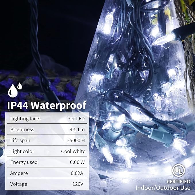 MULTI-SPARKING White Christmas LED Lights - 2 Pack 100 Count Cool White Holiday String Lights for Tree, Party, Wedding, Indoor and Outdoor Use, 2 Sets 33 Feet Green Wire, UL Certified, Connectable