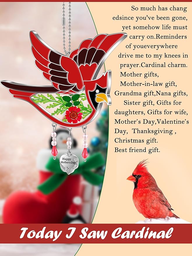 KY&BOSAM Happy Mother`s Day Cardinal Suncatcher Hand-Painted Garden Ornament Hanging Wind Chime with Pressed Flower Cardinal Embedded in Glass Gift for Mom Grandma Mother`s Day Gifts