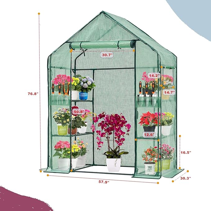 Walk-in Greenhouse 3 Tiers 6 Shelves Roll-Up Zipper Door -28x56x76 inch PE Greenhouse Cover for Outdoor Plant Gardening Plants Cold Frost Protection Wind Rain Proof(PLGHW001G-N)
