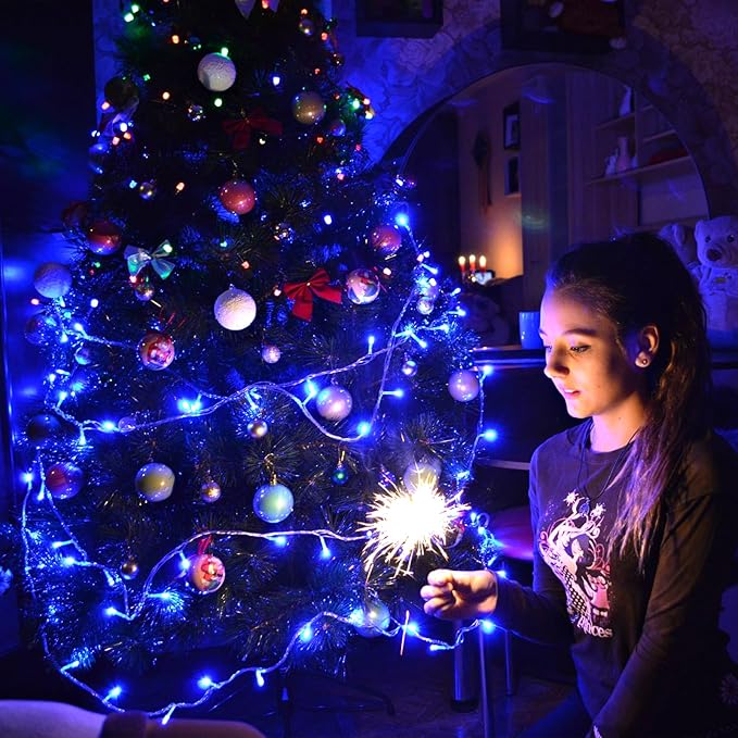 66ft 200 LED Christmas Lights Outdoor - 8 Modes Christmas String Lights Clear Wire with Time Memory, Waterproof Plug in Fairy String Lights for Indoor Outdoor Home Party Garden Decoration, Blue