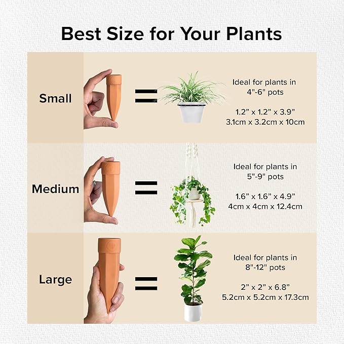 Terracotta Plant Watering Spikes - Small - Set of 4 with Lids Ideal for 4"-6" Pots Perfect Vacation Plant Watering System & Everyday Use for Busy Plant Lovers to Water Plants
