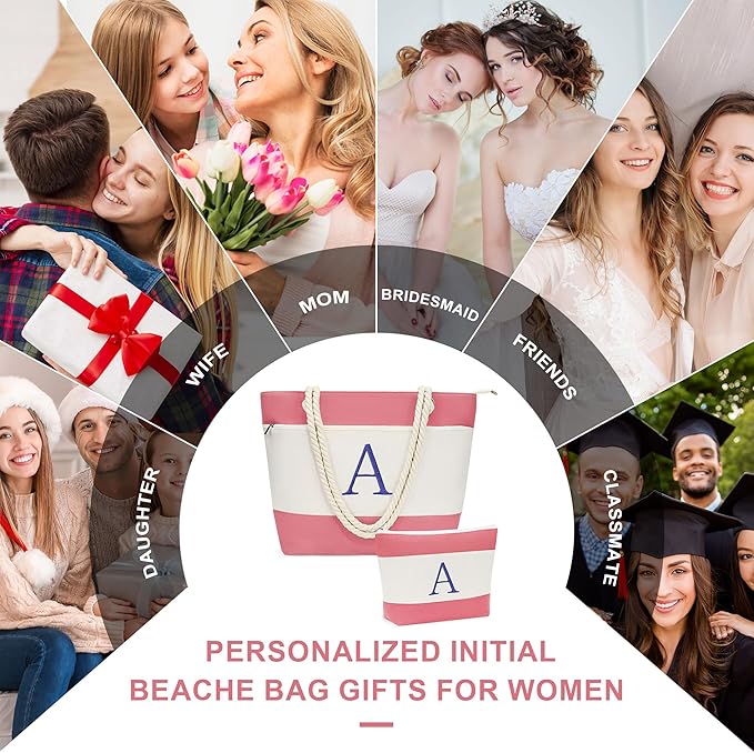 YOOLIFE Beach Bags for Women - Initial Tote Waterproof Bag with Makeup Bag, Mothers Day Gifts for Women Mom Friend Birthday