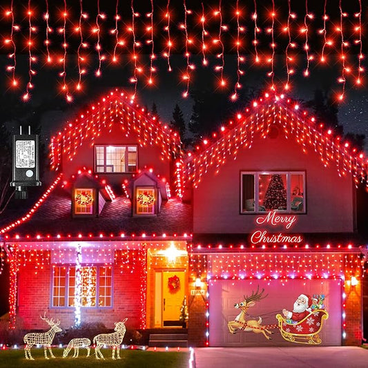 Christmas Icicle Lights Outdoor, 66Ft 640 LED Icicle Lights for Outside with 8 Modes Timers, Waterproof Plug in String Light for House Yard Eave Patio Wedding Party Holiday Decorations, Red
