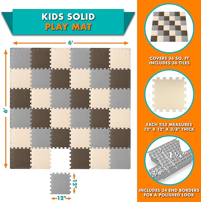 ProSource Foam Puzzle Floor Play Mat for Kids and Babies with Solid Colors, 36 or 16 Interlocking Tiles with Borders, Brown/Beige/Grey