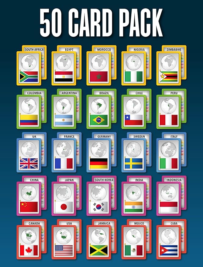 Countries, Gift, Stocking Stuffer, Travel Game, 7 Games in 1, Pairs, Snap, Trumps, Rummy, Memory Quiz, Learn Facts, Age 5+, 1-8 Players