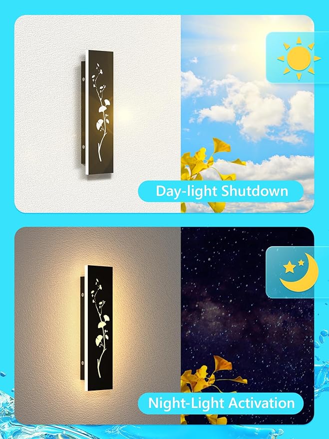 Modern Outdoor Wall Lights 11.8inch LED Long Wall Sconce 3000K Ginkgo Hollow Design Wall Mount Porch Lights 12W Exterior Lighting Fixtures for Patio Balcony Terrace Garden