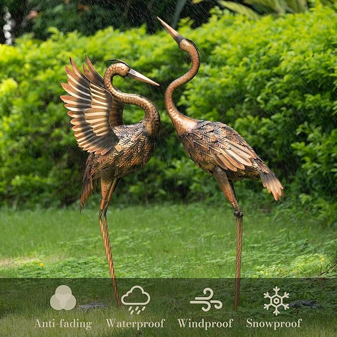 TERESA'S COLLECTIONS Yard Decorations Outdoor Garden Statues, Brass Metal Crane Yard Art, 25-26inch Lawn Ornaments for Backyard, Outside Porch, Patio, Wedding Decor,Set of 2,Spring Decor,Gifts for Mom