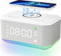 Alarm Clock Speaker Wireless Charger, Digital Alarm Clocks Bedrooms Bluetooth, Alarm Clock Dimmable Light Bedrooms Dual Alarm Snooze Dimmer 12 24H RGB Night Light Bluetooth USB AUX, White