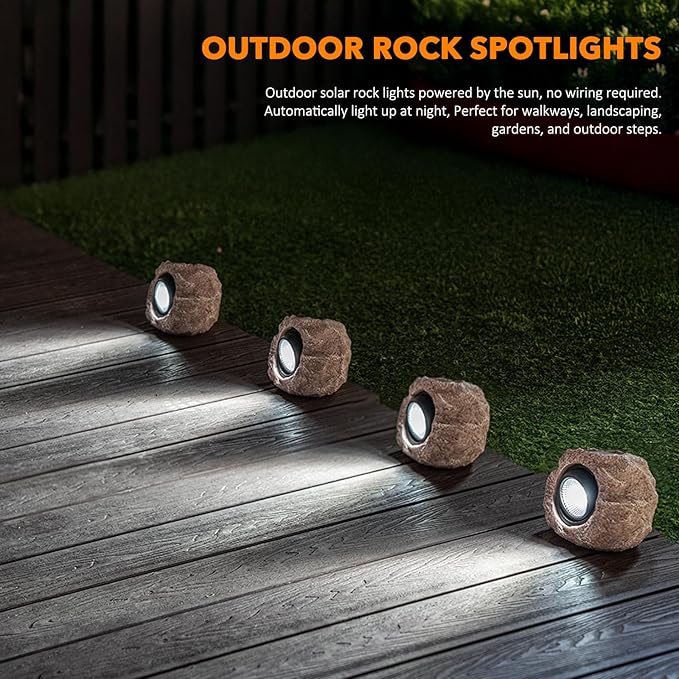 Solar Rock Lights, 4 Pack Solar Powered Waterproof LED Spotlights Decorative for Outdoor Garden, Pathway, Walkway, Yard, Landscape, Patio (Cool White)