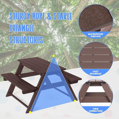 Costaelm Kids Picnic Table, HDPE All Weather Outdoor Toddler Picnic Table and Chair Set Kids Bench for Patio, Backyard, Garden, Lawn, Dark Brown