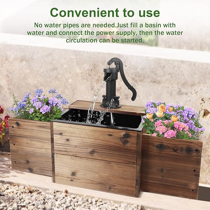 Outdoor Water Fountain,Floor Wooden Rectangular Pump Old-Fashioned Fountain with Flower Box,Electric Decorative Hand Pump, Outdoor Water Feature for Garden Patio Backyard