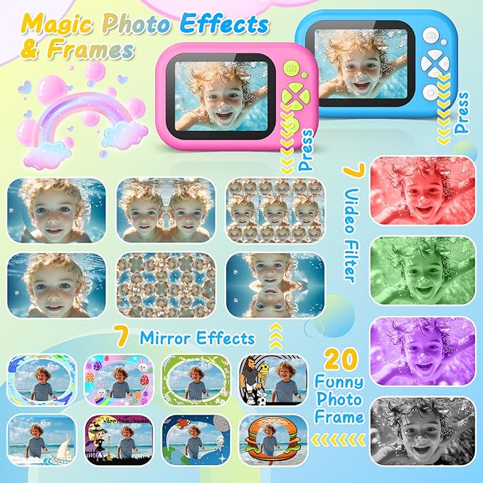 Kids Camera Waterproof IP68, 1080P HD Underwater Camera for Kids Ages 3-12 with Toy-Grade ABS Plastic, Kids Digital Camera for Children Outdoor Swimming Snorkeling Birthday Gift, Blue