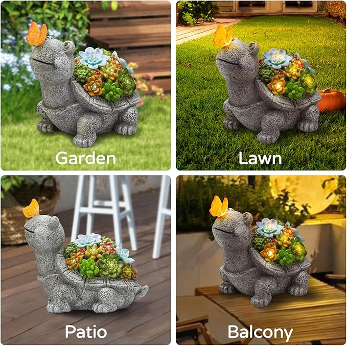 Solar Garden Outdoor Statues Turtle with Succulent Butterfly 8 LED Lights, Lawn Decor Tortoise Figurine for Patio Balcony Yard, Yard Unique Christmas Birthdays Gift for Mom Grandma