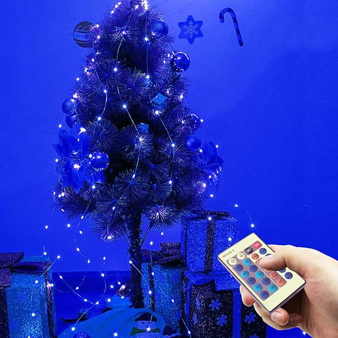 RUICHEN Blue Dimmable Fairy Lights Plug in, 99 Ft 300 LED Twinkle String Lights with Remote, Waterproof Silver Wire Firefly Lights for Bedroom, Patio, Yard, Christmas, Wedding, Party, New Year's Day
