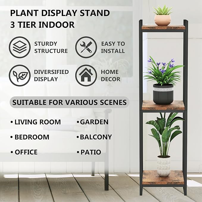 45" Tall Plant Stand Indoor, 3-Tier Modern Plant Shelf Corner Flower Pot Holder Organizer for Living Room Balcony Garden, Rustic Brown