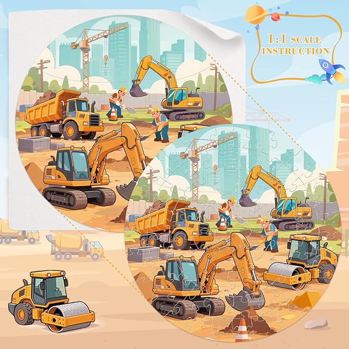 Floor Puzzles for Kids Ages 4-6 70 Piece Construction Site Large Floor Puzzle with Excavator, Dump Truck, Bulldozer Building Site Jigsaw Puzzles Educational Toy Gift for Boys Ages 6-8