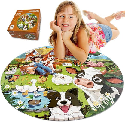 Puzzles for Kids Ages 4-6, 70 Piece Educational Round Floor Puzzles for Kids Ages 3-5, Toddler Farm Puzzles with Animals & Barn, Popular Preschool Toys & Gift Kids Puzzles Ages 3 4 5 6 7 8 9 10