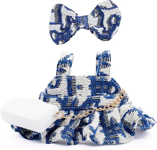 17cm Doll Clothes - Premium Handmade Clothes 3 Piece Set Velvet Bow & Bag & Dress Adjustable Outfit - Luxury Chic Style Set High-End Fashion Accessories (No Doll) - Pure Blue - No Logo