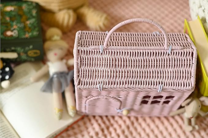 Rool Rattan House Shaped Basket Wicker Small Dollhouse Gift for Girls, Boho Toys, Mouse in a Box House, Little Girl Purse Clutch, Doll Carrier (Pink)