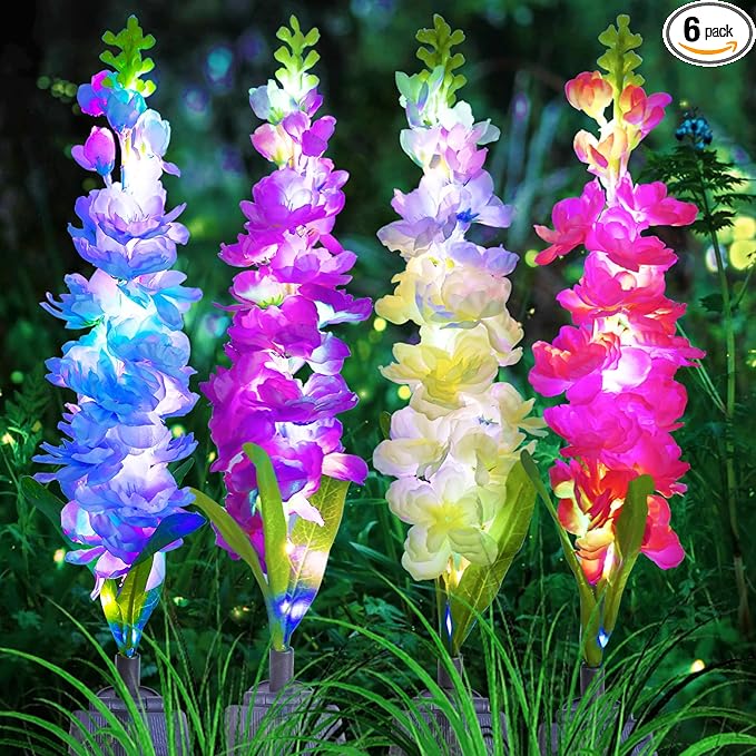 Solar Garden Lights, 6 Pack 20 LEDs Solar Delphinium Flowers Lights Gifts for Mom Grandma Women, Waterproof Solar Outdoor Lights Two Lighting Modes for Wedding Garden Yard Patio Decor