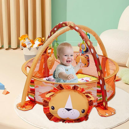 5-in-1 Baby Play Mat,Tummy Time Mat Baby Gym with 30 Balls & 4 Toys,Play Mat for Babies 0-6 Months Baby Play Gym Funny Animal,Lion
