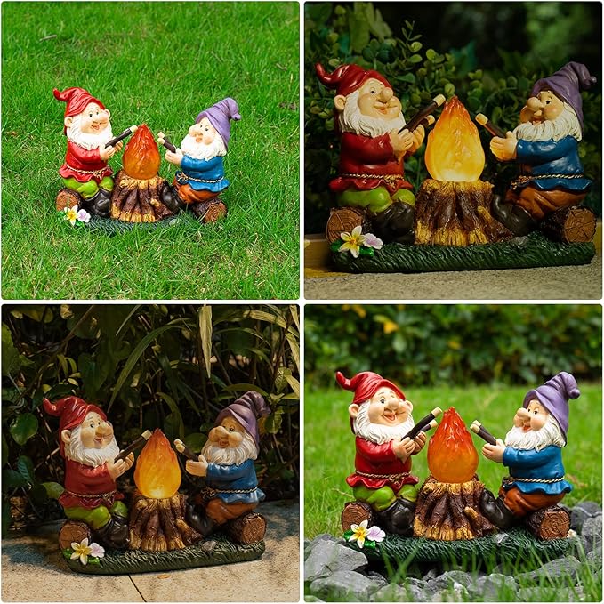 mopha Solar Garden Gnomes Statues Outdoor Christmas Flame Lights Decor, Resin Gifts Figurines Outside Decoration Ornaments Clearance Gardening Decoration