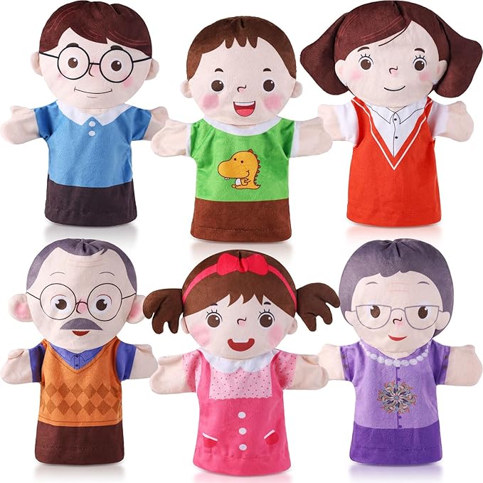 6 Pcs Family Hand Puppets 10 Inch Grandparents, Mom & Dad, Brother & Sister Plush Hand Puppet Toys Role-Play Toy Puppets for Kids Storytelling Imaginative Pretend Play Teaching Preschool(6 Family C)