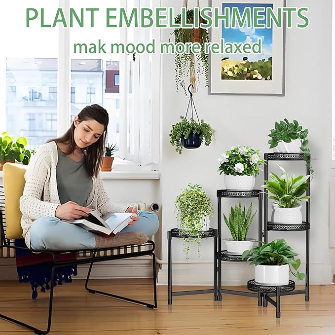 Metal Plant Stand Indoor 6 Tier Tall Corner Flower Stand Outdoor for Multiple Plants Folding Iron Flower Display Holders Rack Shelf Black (6 tier)