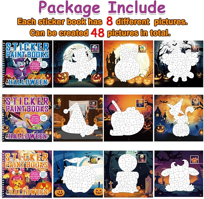 6 PCS Halloween Paint by Sticker Books for Kids Ages 4-8 Sticker by Number Books Activity Book for Kid Ages 3-5 Sticker Puzzle Book Craft Art Toddler Girl Gift with Pumpkin Ghost Monster 48 Pictures