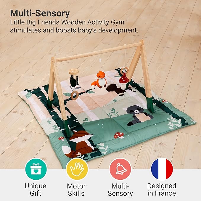Little Big Friends Wooden Baby Activity Gym – Montessori Play Gym for Babies | Encourages Motor Skills & Sensory Development | Includes Crinkle Fabrics, Wooden Chimes & Hanging Toys – Forest