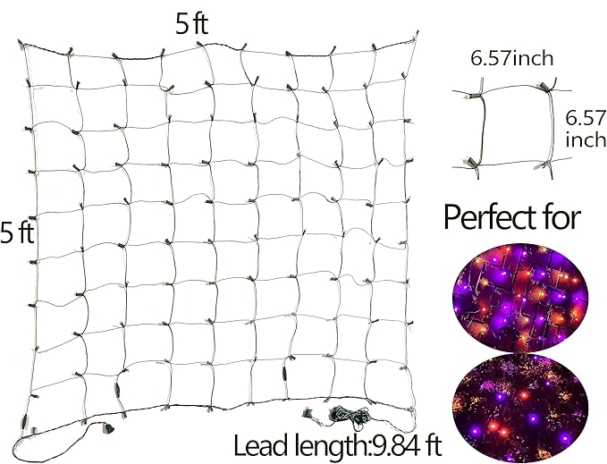 HISHINY Halloween Lights Outdoor,100LED 5ftx5ft Net Lights with Connectable, Waterproof,UL Certified and Durable Green Wire Design for Bushes,Trees,Halloween Decorations Outdoor(Purple&Orange)