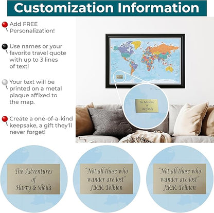 Push Pin Travel Maps - Customizable Blue Oceans World with Solid Wood Brown Frame- 27.5" x 39.5" - 8 Handcrafted Frame Options - Made in USA - Ideal for Adventurous Travelers