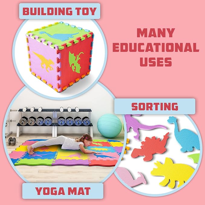 TOYVELT Foam Puzzle Floor Mat for Kids 48x48-25 Interlocking Dinosaurs Play Mat Tiles Multicolor - Educational Large Puzzle Foam Floor Tiles for Crawling