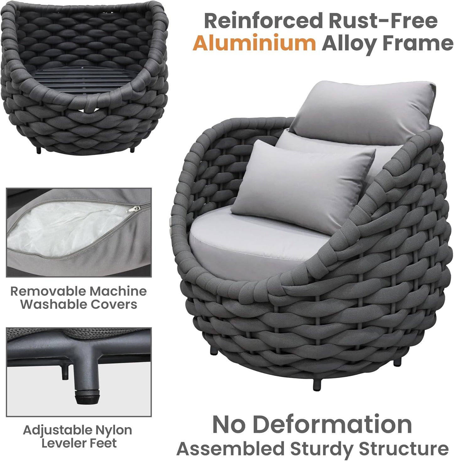 Fully Assembled Patio Furniture Set: 5 Pieces Woven Rope Outdoor Conversation Set Cushioned - Modern Metal Deck Loveseat Chair Table Set - Porch Seating for Courtyard Garden Pool Balcony Hotel