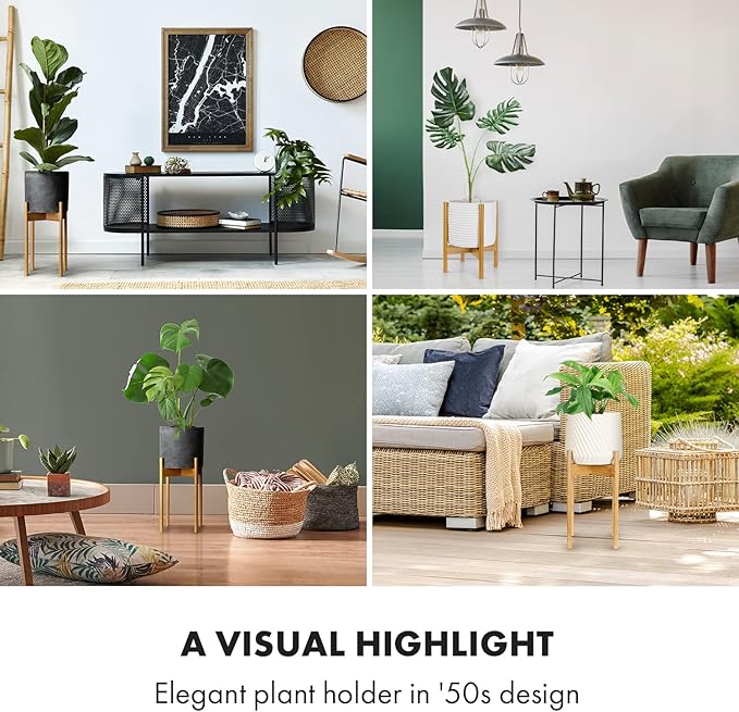 Fox & Fern Mid Century Tall Plant Stand — 10 Inch Fixed Size Raised Bamboo Plant Stand for Indoor Pots; Modern Flower Pot Holder with Plug In Design; Easy to Assemble; Two Height Options - Bamboo